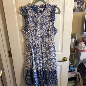 J. Crew Factory Blue and White Floral Ruffle Midi Dress